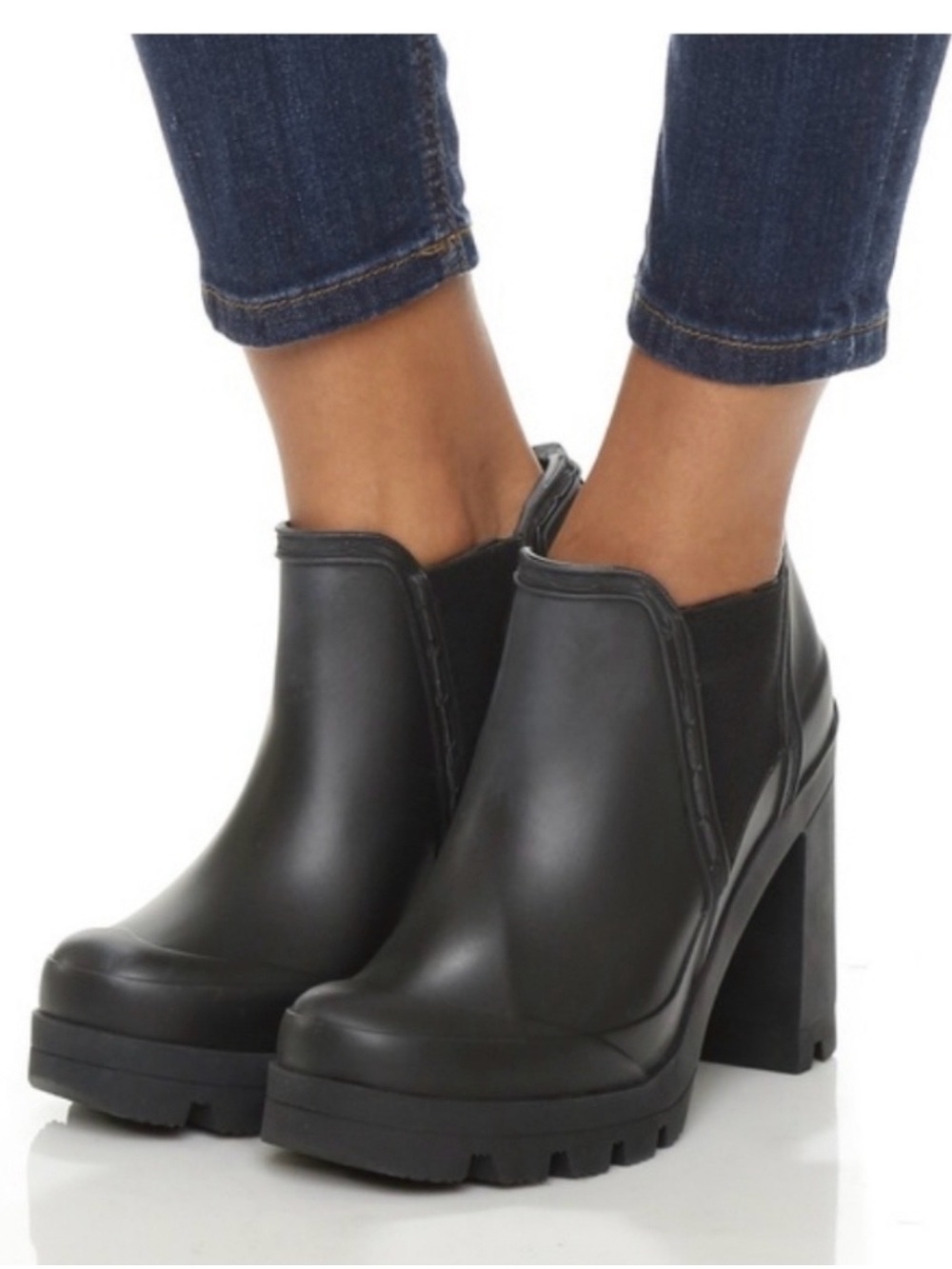 Hunter Black Chunky Platform Heeled Ankle Boots